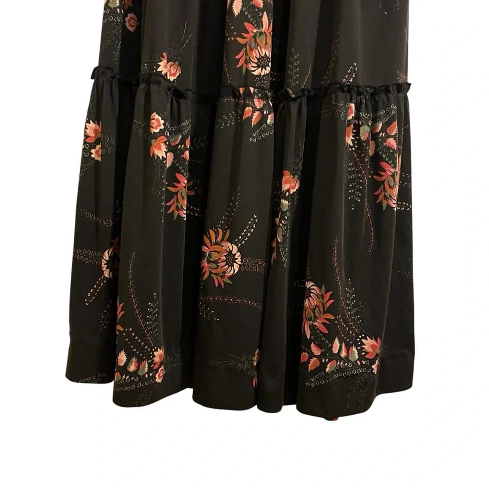 VINTAGE 70s Floral Black Ruffle Tier Maxi Skirt Prairie Hippie Boho Whimsigoth